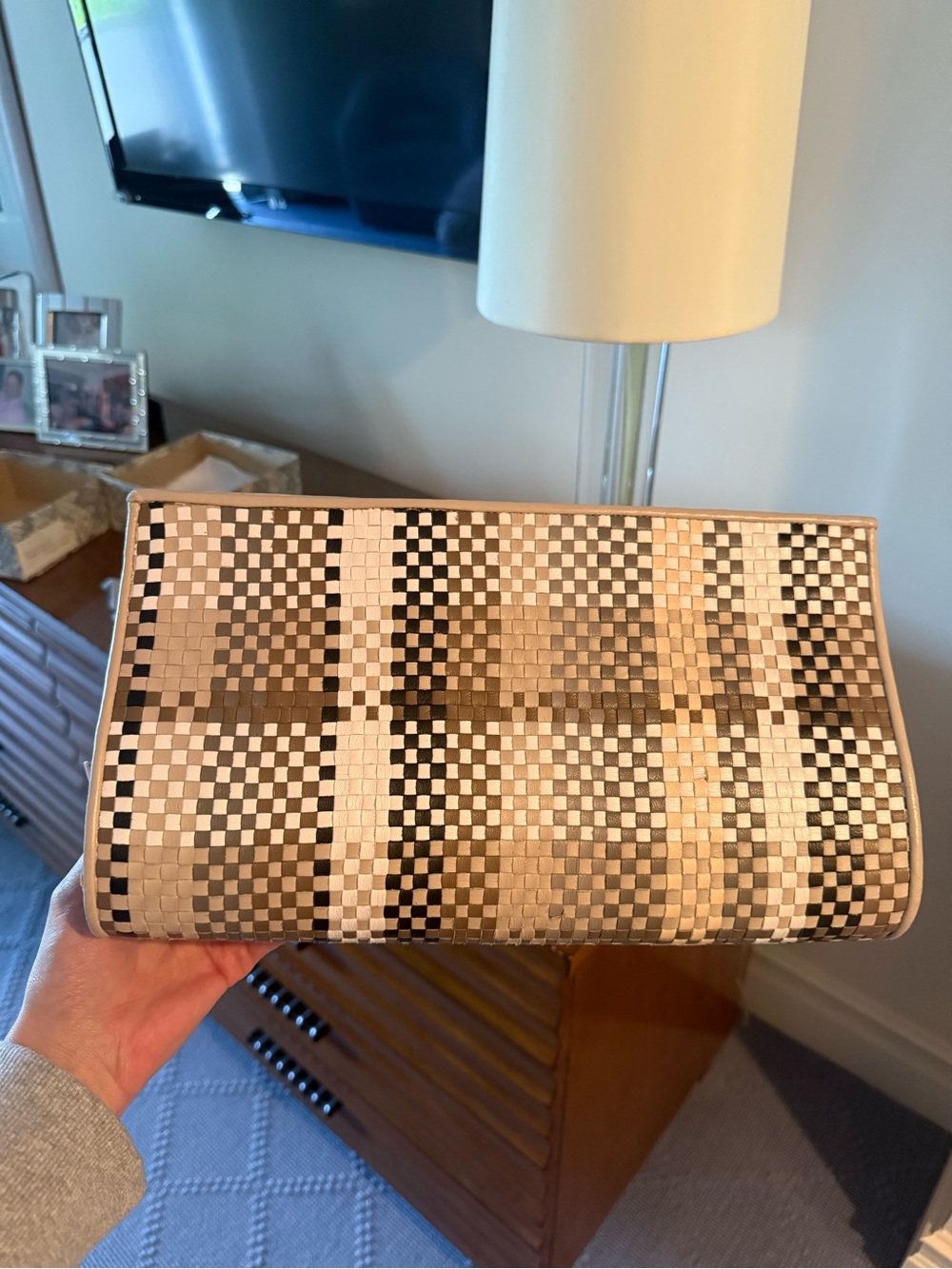 Woven Metallic Check Clutch in Beige and Black